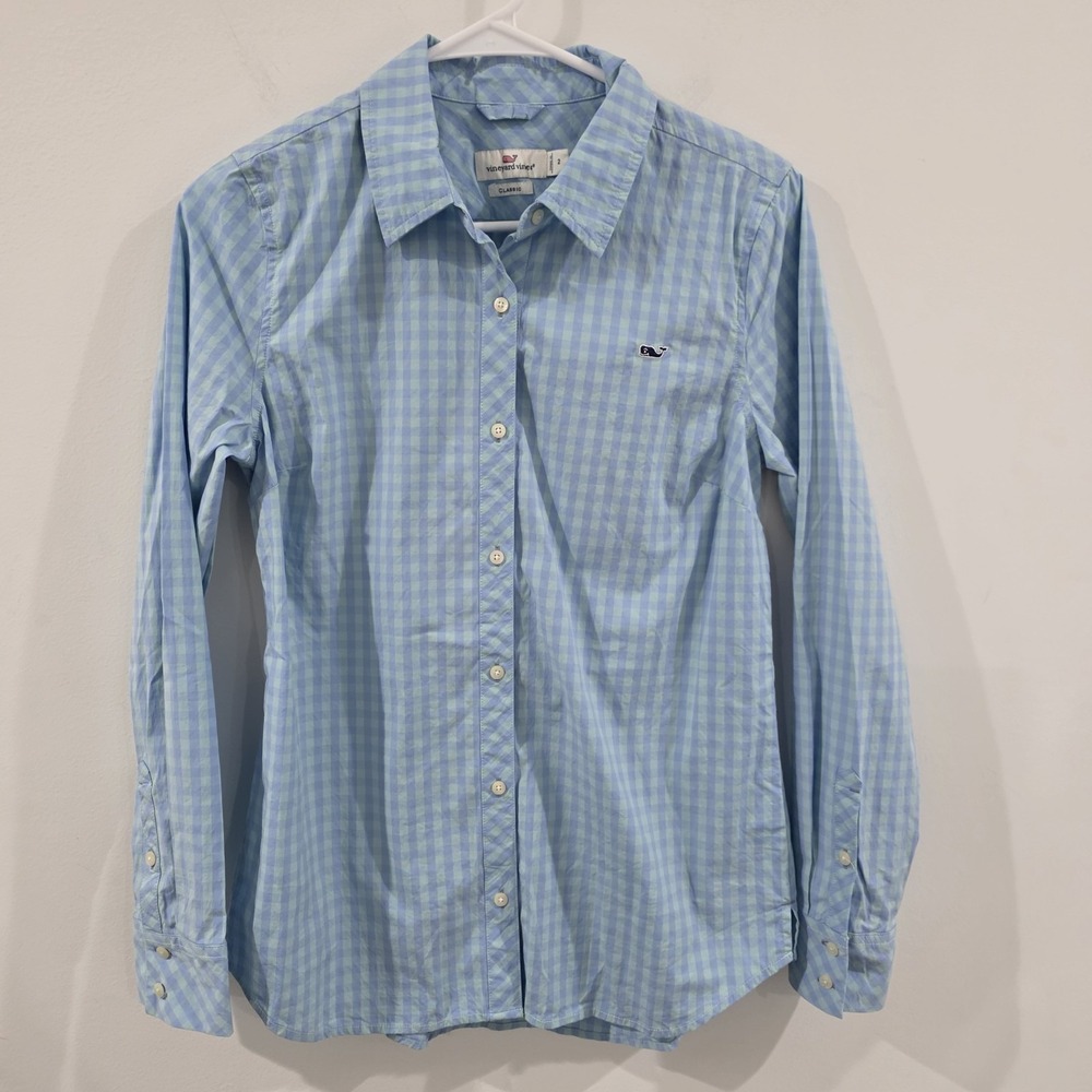 Vineyard Vines Womens Classic Plaid Button Up Top Size 2 Xs Blue Coastal Stretch